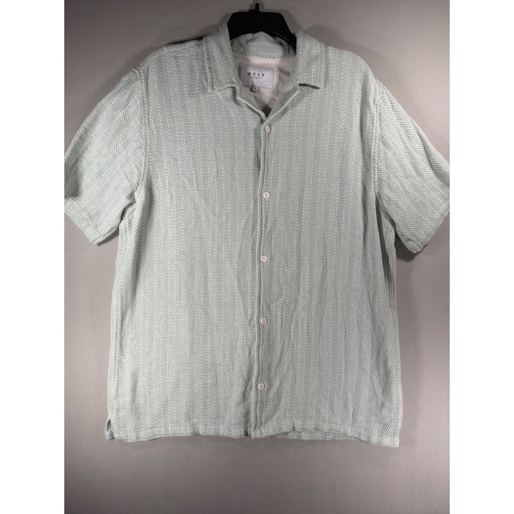 Wear London Mens Herringbone Cotton Short Sleeve Button Down Shirt Sage Green L